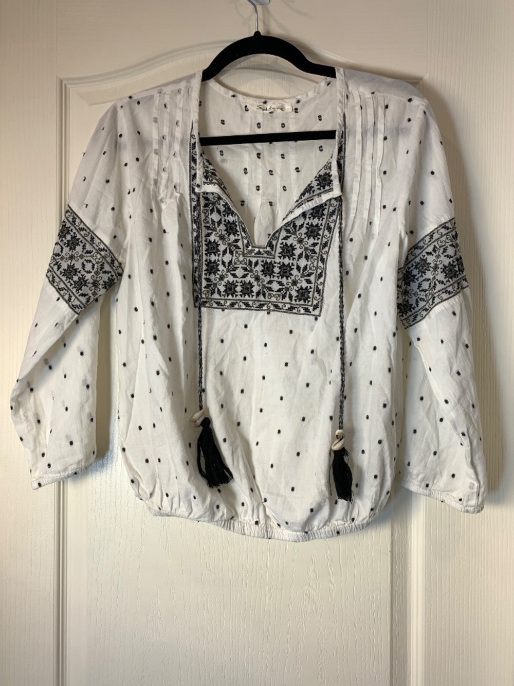 Solitaire Boho Embroidered Cotton Blouse White Black Tassels Estimated M Costal